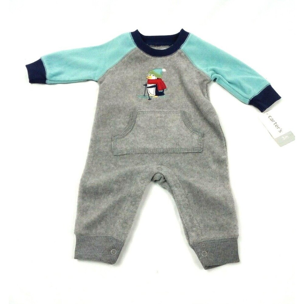 3 Month Carter's Bodysuit, Fleece Gray,Turquoise,  Penguin Theme Tack Buttons